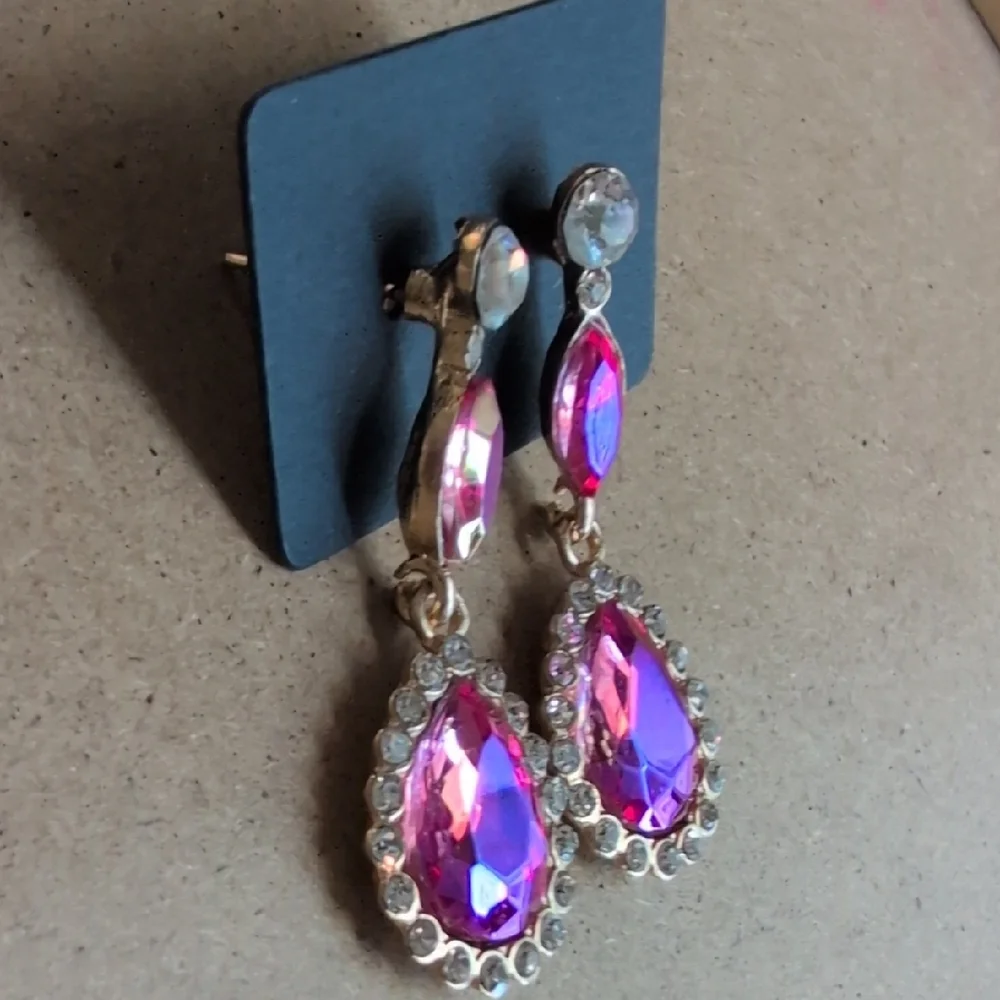 Pink and Gold Dangle Earrings with Sparkling Accents